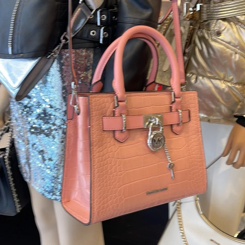 MICHAEL KORS Hamilton Small Crocodile Embossed Faux Leather Satchel Primrose NWT